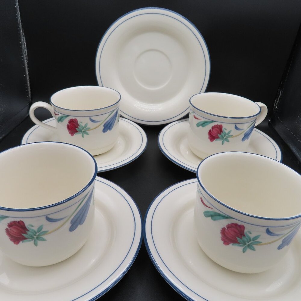 Set of 12, Lenox Poppies on blue, Flat Cup & Saucer